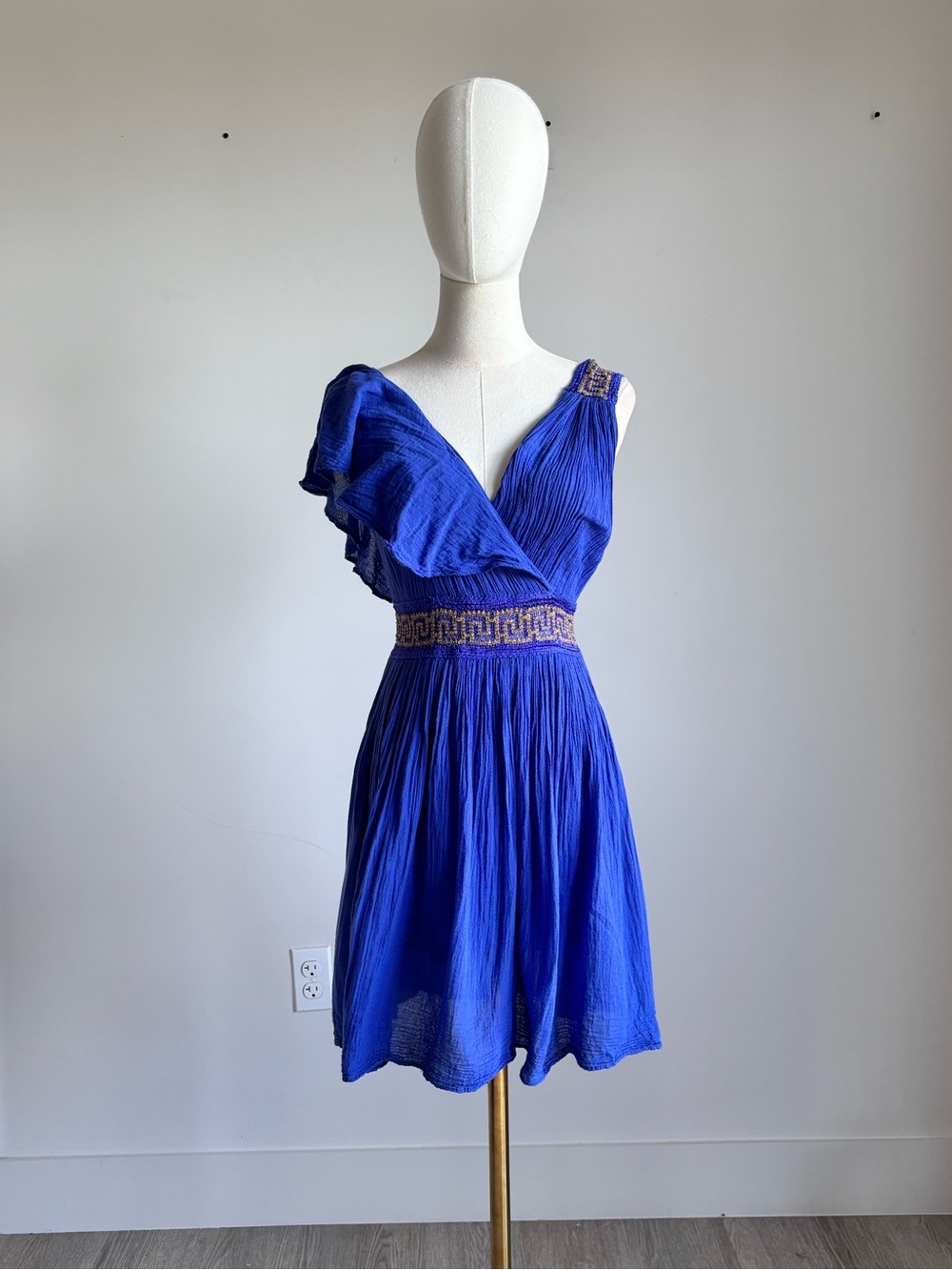 Made in Greece Royal Blue Gauze Gold Greek Key Mini Dress